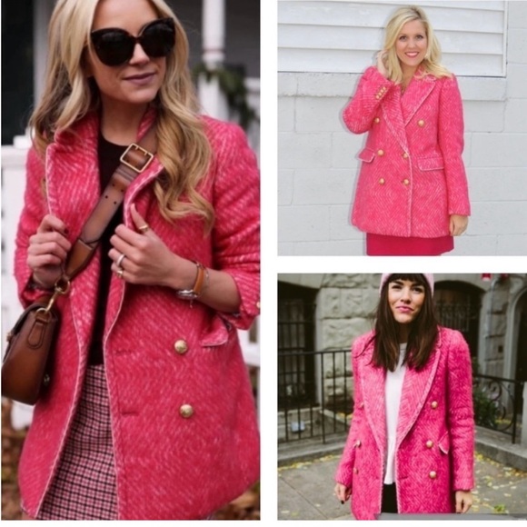 J. Crew Womens Diamond Tweed Peacoat Pink Wool Alpaca Fuzzy Coat Size 0 - Picture 3 of 16